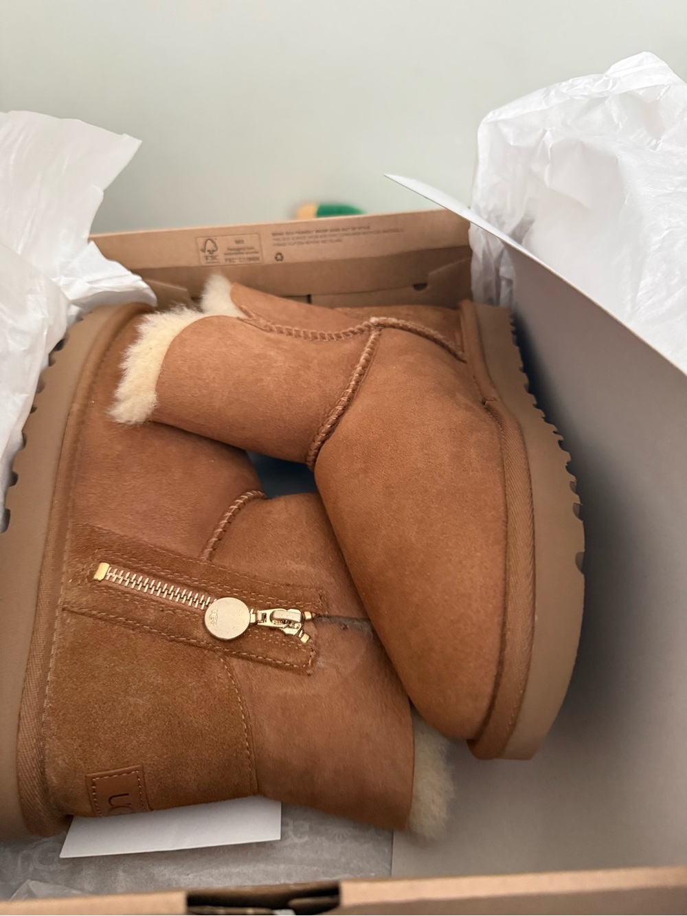 UGG Chestnut Suede Short Shearling Boots with Side Zip